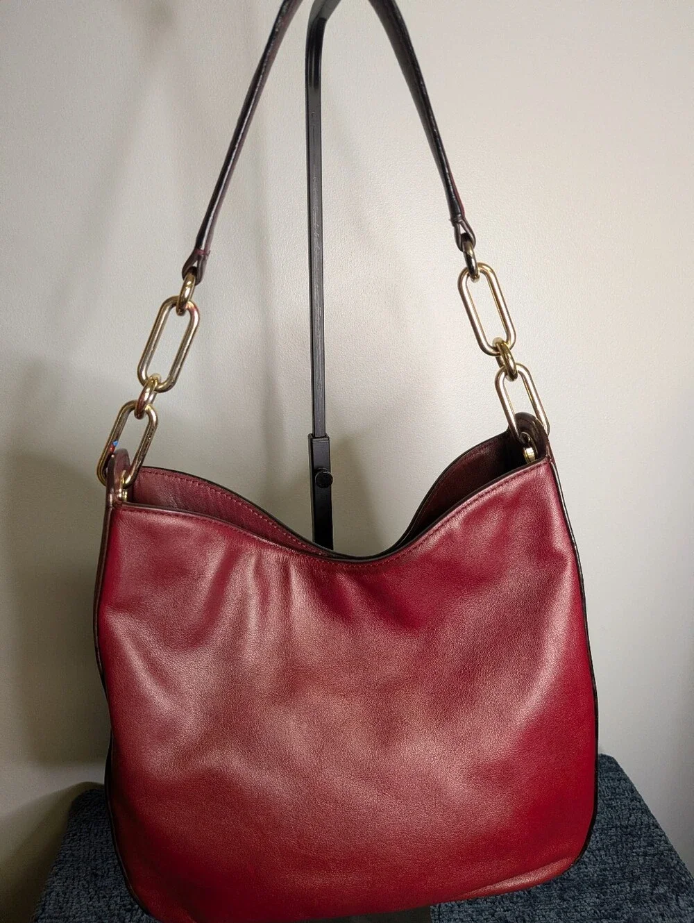 Kate Spade Deep Red Leather Hobo Bag with Gold Chain